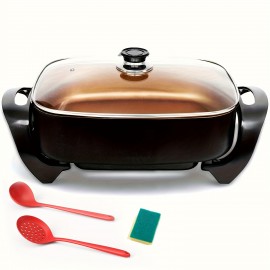 Plus Long Professional Non-stick Copper Electric Frying Pan with Extended Deep Dish, Tempered Glass Breathable Lid, Upgraded Thermostat Control, 16