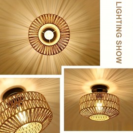 1pc Bohemian Style Semi-Flush Mount Ceiling Light Fixture, Hand-Woven Rattan Shade, Modern Metal Framed, Energy-Efficient, Hard-Wired, E26 Medium Bulb Base, for Bedroom, Living Room, Kitchen, Hallway - No Light Source Included