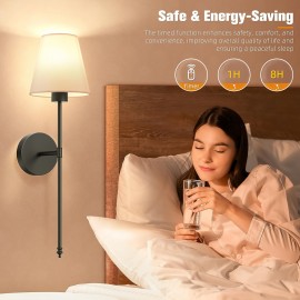 2-Pack Rechargeable Wall Lamp with Remote Control, Black/Golden Battery Powered Wall Light with Cordless White Fabric Shade, Non-Hardwired for Living Room, Bedroom, Hallway Decor (Color Adjustable), Wall Lights for Living Room, Bedroom Lighting, Modern Lighting, Durable Lighting