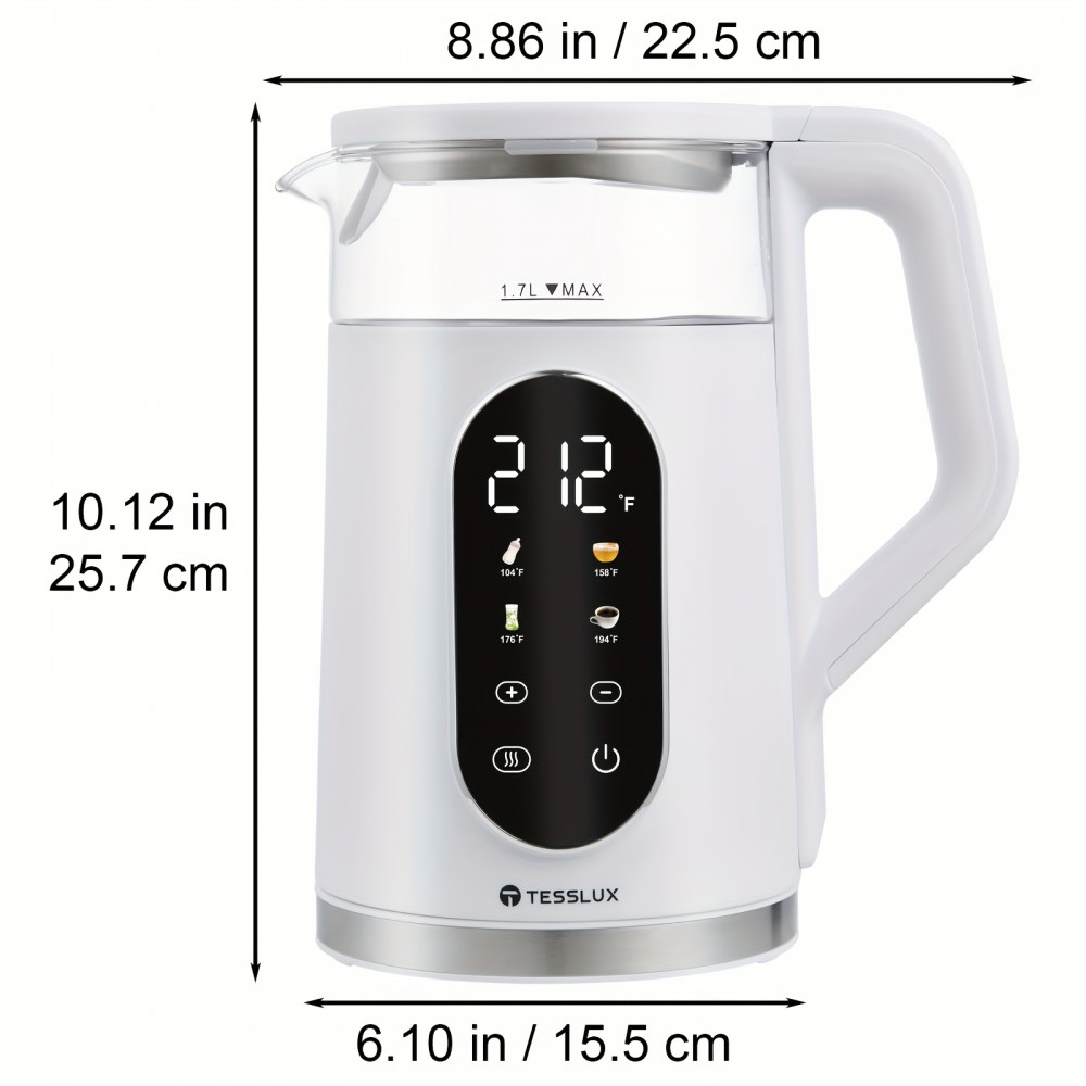 Tesslux Electric Kettle, 57.48oz/ 1500W Water Boiler Heater with Temperature Control, BPA-Free, 4 Preset Heating Programs, Glass Boiling Tea Maker, White, Camping Must Haves, Kitchen Accessories