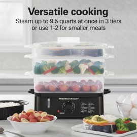 3-Tier Food Steamer & Rice Cooker Combo - 9.5 Quart Large Capacity Multi-Layer Steamer with Auto Shut-Off, Stackable Bowls, Dishwasher Parts, Healthy Quick Cooker for Vegetables, Seafood, Rice, Dumplings (Black)
