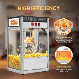 The popcorn machine is equipped with an 8-ounce water bottle and can make up to 32 cups. It is a commercial popcorn machine with a tabletop, featuring a stainless steel spoon, an oil spoon and 3 popcorn cups. It is suitable for home theaters and is black