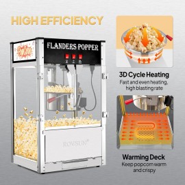 The popcorn machine is equipped with an 8-ounce water bottle and can make up to 32 cups. It is a commercial popcorn machine with a tabletop, featuring a stainless steel spoon, an oil spoon and 3 popcorn cups. It is suitable for home theaters and is black