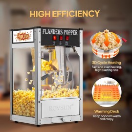 The popcorn machine is equipped with an 8-ounce water bottle and can make up to 32 cups. It is a commercial popcorn machine with a tabletop, featuring a stainless steel spoon, an oil spoon and 3 popcorn cups. It is suitable for home theaters and is black