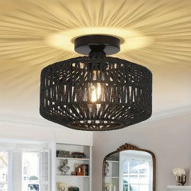 1pc Bohemian Style Semi-Flush Mount Ceiling Light Fixture, Hand-Woven Rattan Shade, Modern Metal Framed, Energy-Efficient, Hard-Wired, E26 Medium Bulb Base, for Bedroom, Living Room, Kitchen, Hallway - No Light Source Included